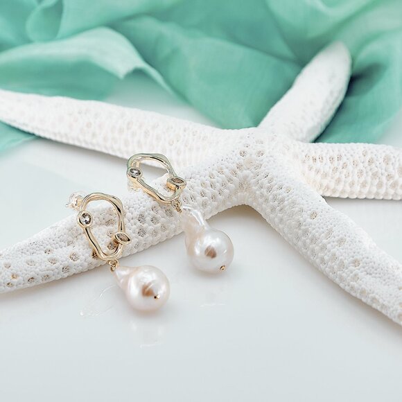 Baroque Flameball Pearl Earrings, 14K Gold Filled Abstract CZ Studs - Picture 4 of 9